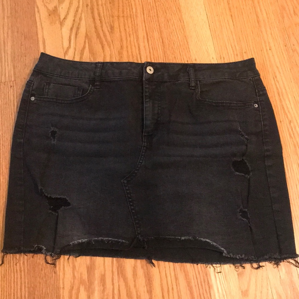 Black (thin faux) denim mini skirt, slight distress